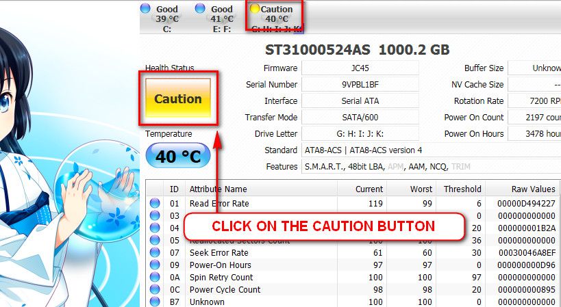 The caution indication can be converted to good using CrystalDiscInfo. Click on the caution Button, you will get another window .